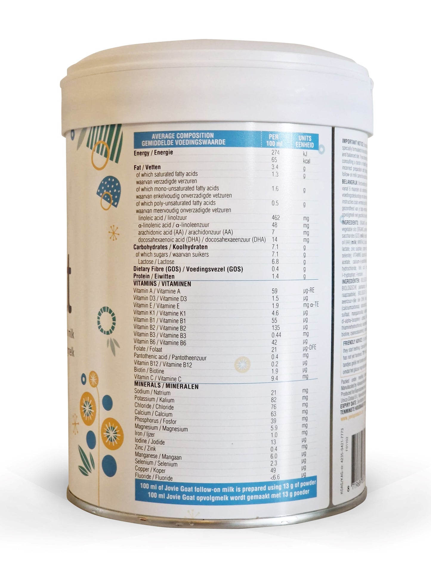 Jovie Goat stage 2 Nutritional information side label