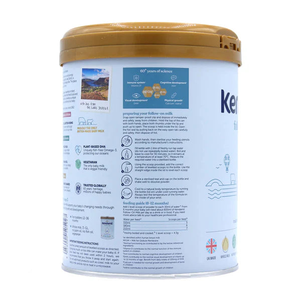 Kendamil follow-on milk powder preparation side image of canister on a white background
