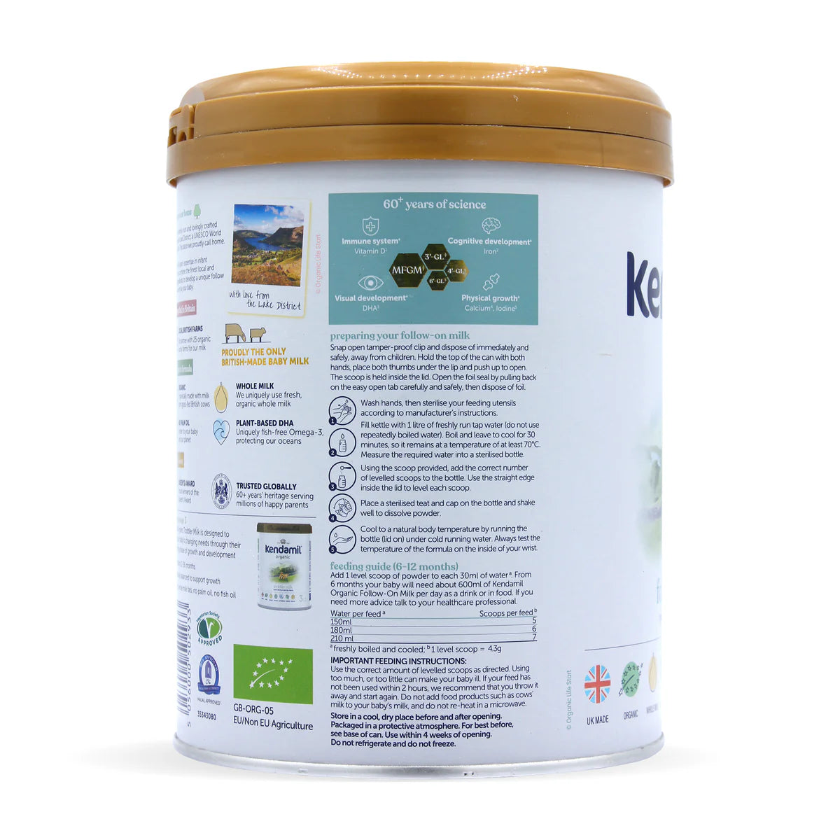 Kendamil organic follow-on milk canister on a white background preparation instructions side