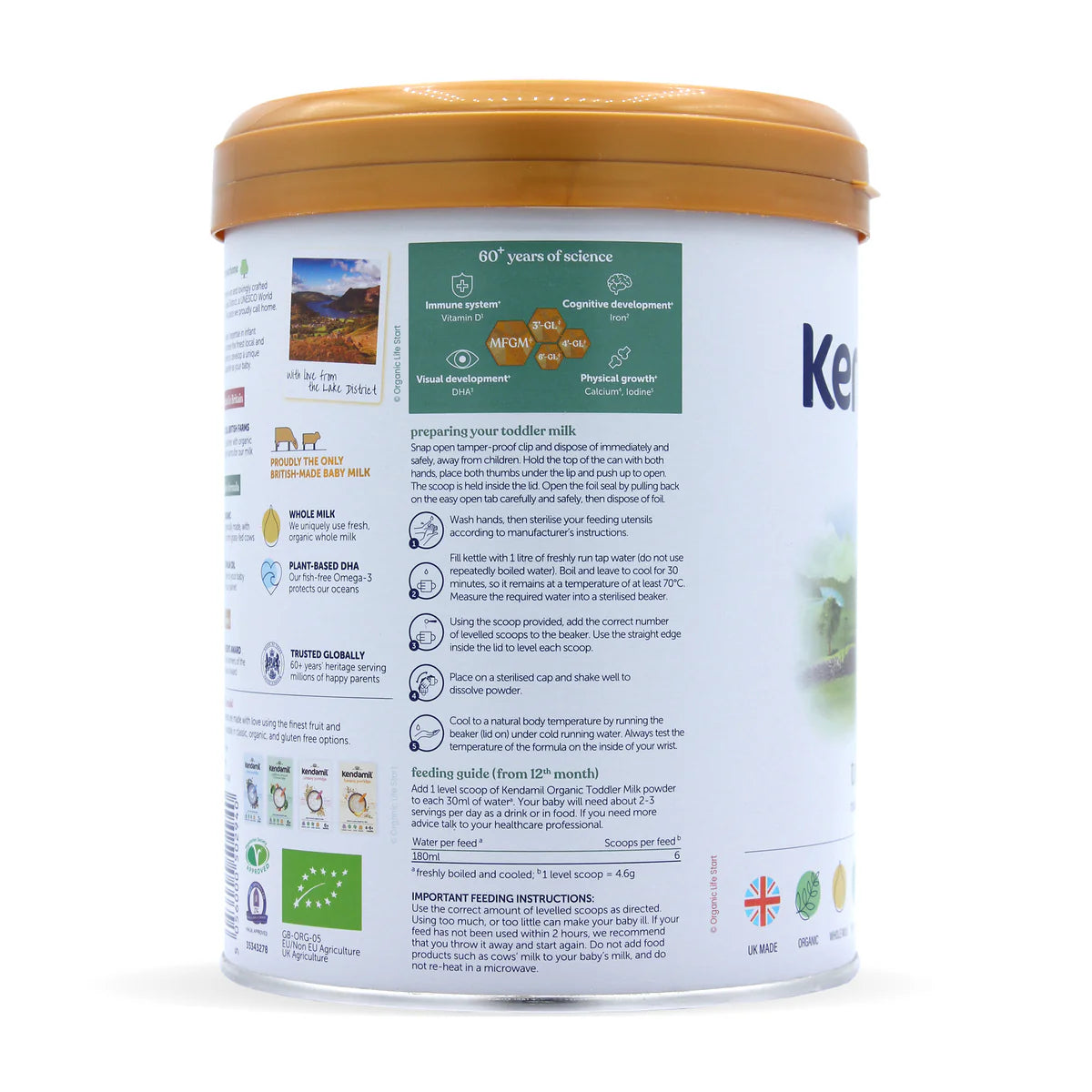 Kendamil organic toddler milk canister on a white background preparation instructions