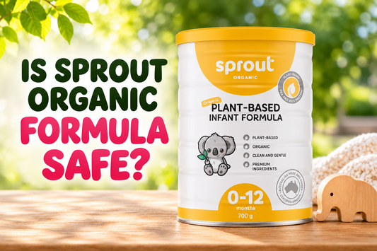 Sprout Organic plant-based infant formula tin on a wooden table in a sunny garden