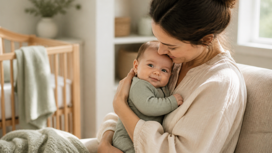 Parent gently comforting a content baby after switching to a palm-oil-free formula for constipation relief
