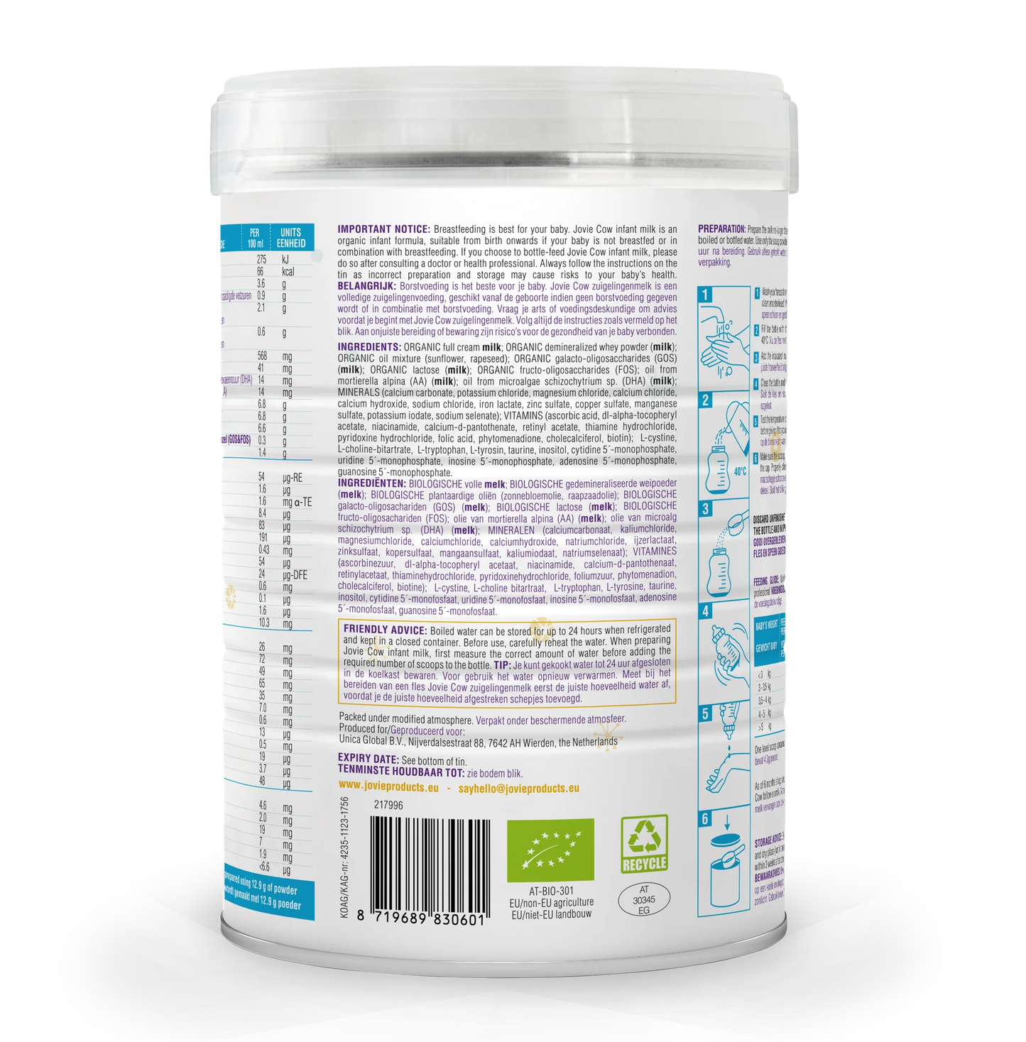 Jovie Organic Cow Milk Formula Stage 1  Ingredients