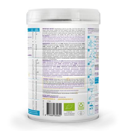 Jovie Organic Cow Milk Formula Stage 1  Ingredients