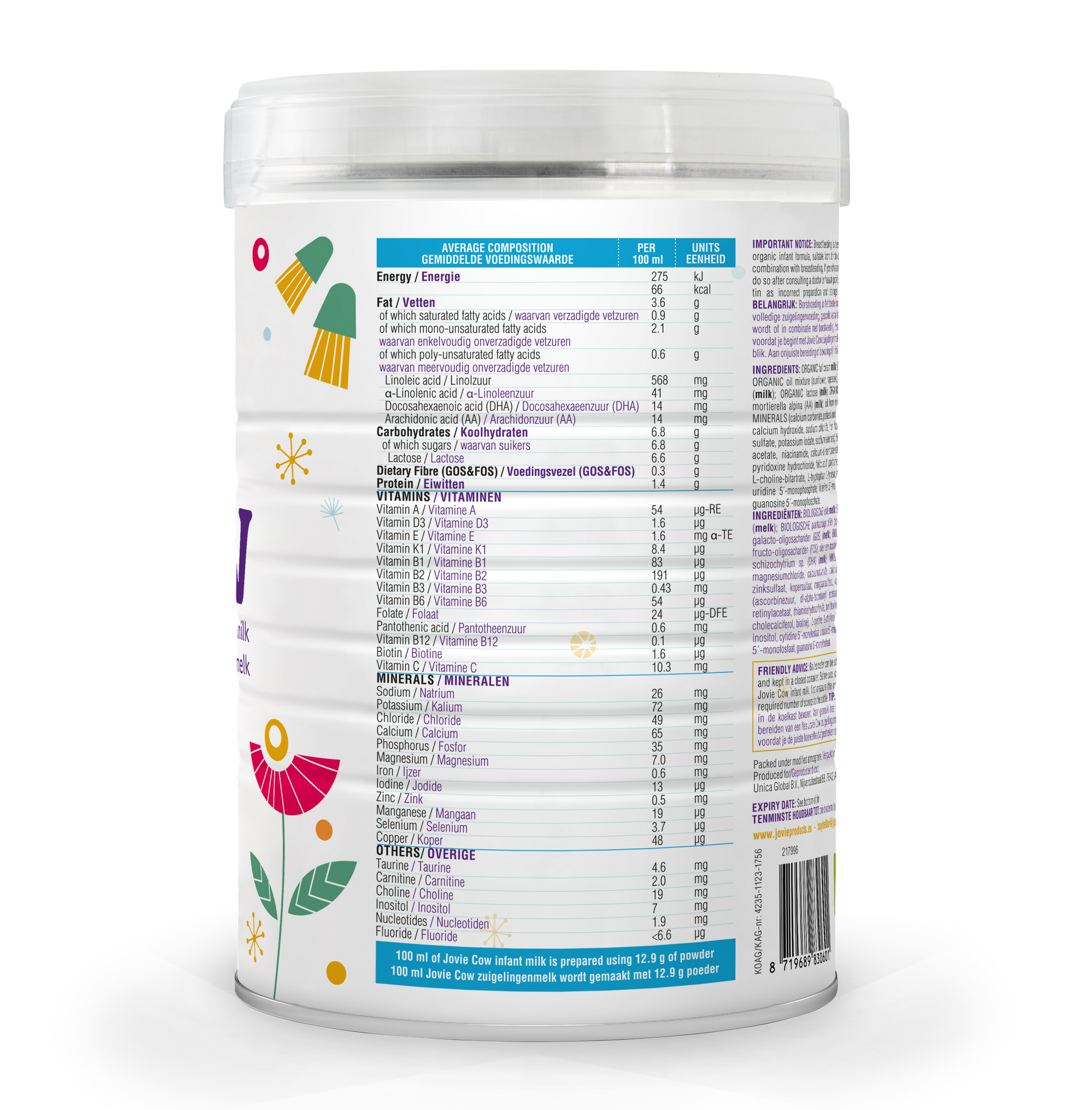 Jovie Organic Cow Milk Formula Stage 1  Nutrients