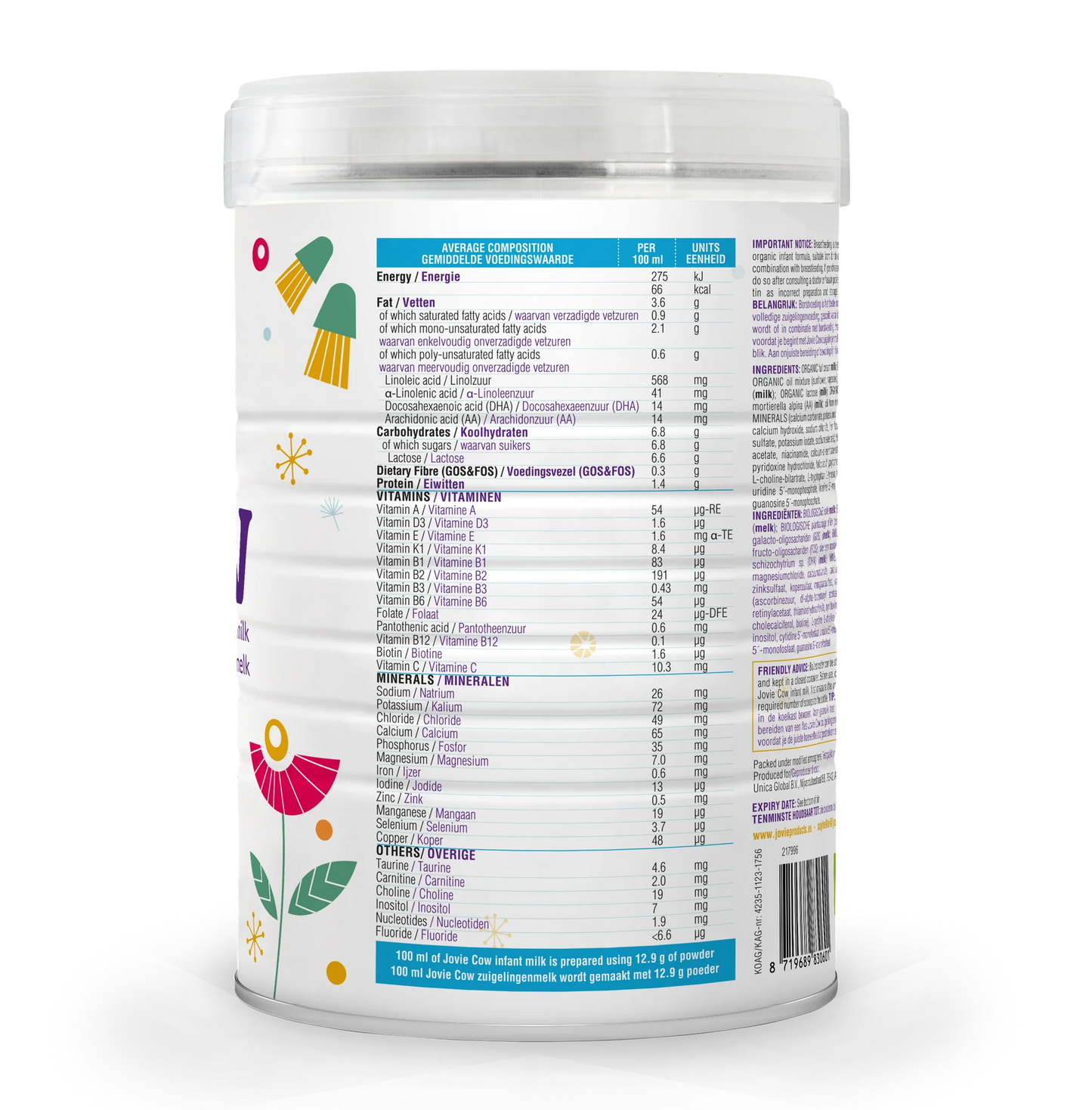 Jovie Organic Cow Milk Formula Stage 1  Nutrients