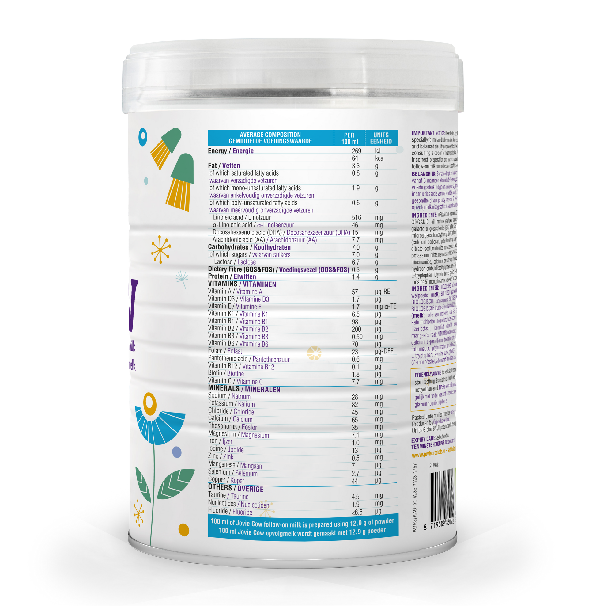 Jovie Organic Cow Milk Formula Stage 2  Nutrients