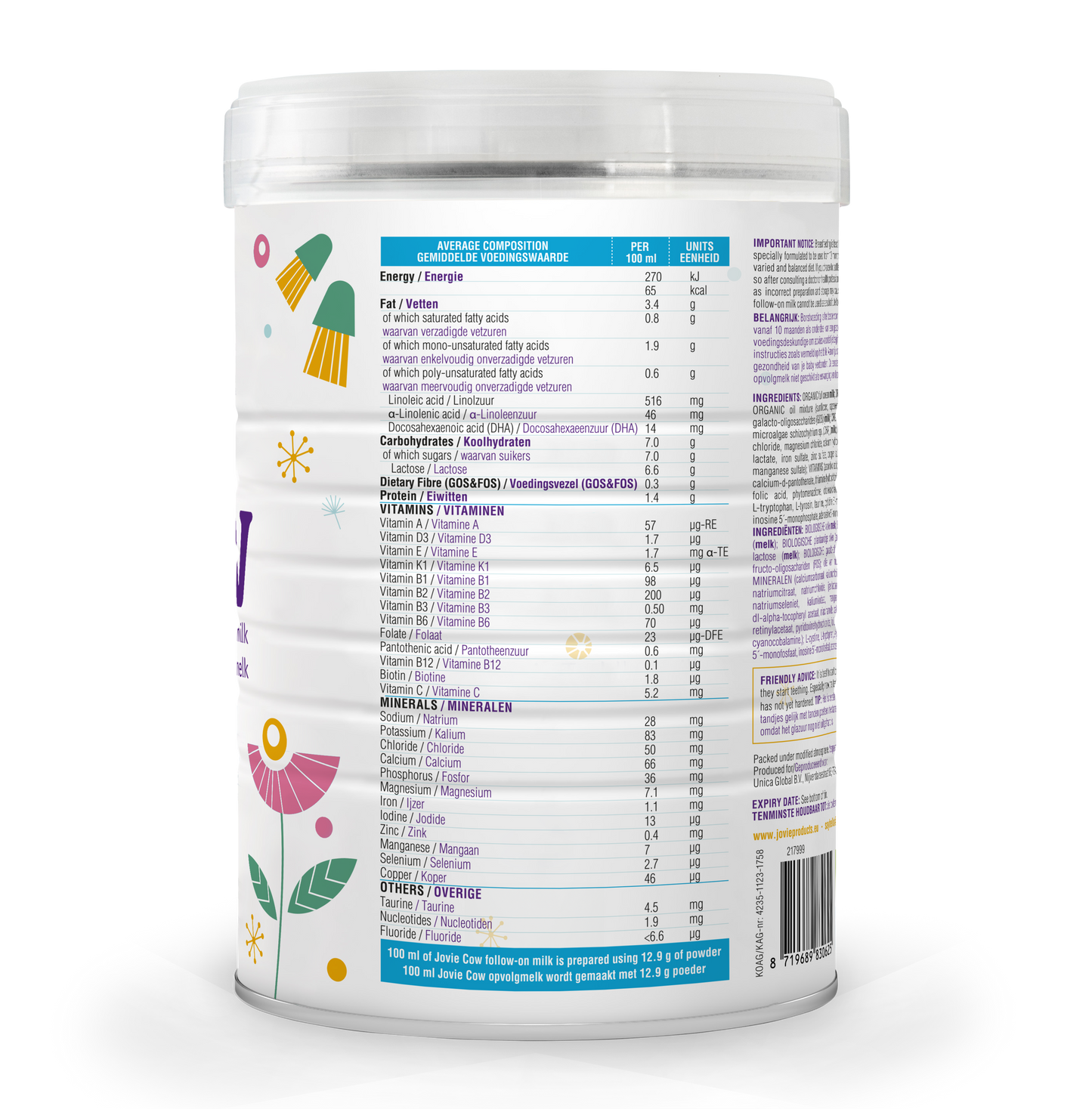 Jovie Organic Cow Milk Formula Stage 3 Nutrients