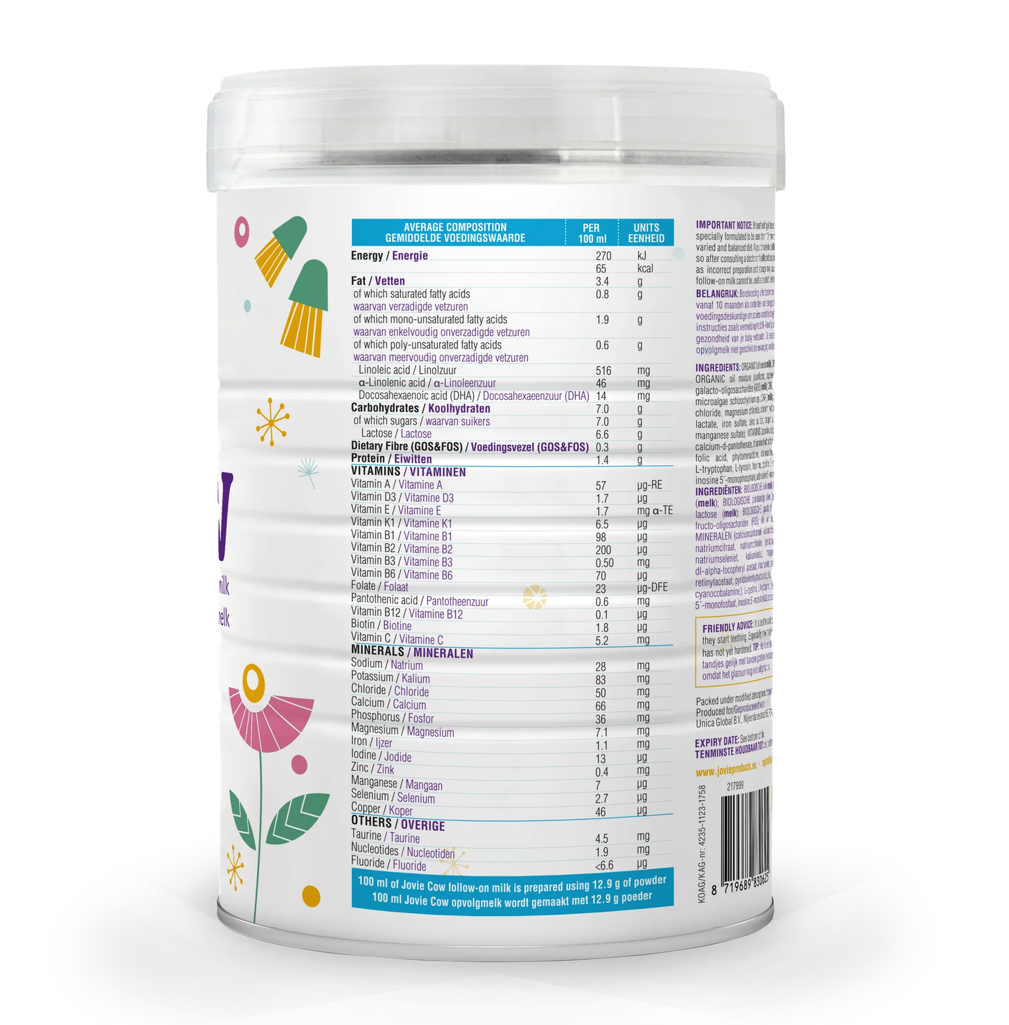 Jovie Organic Cow Milk Formula Stage 3 Nutrients