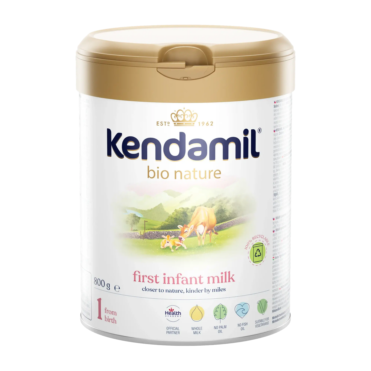 Kendamil bio nature first infant milk stage 1 container on a white background