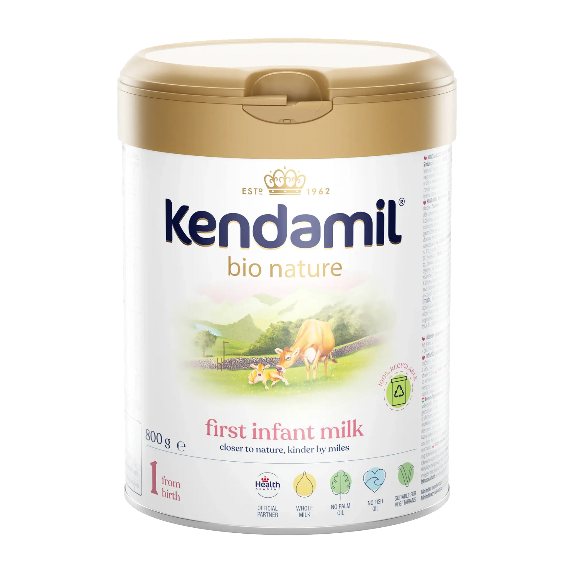 Kendamil bio nature first infant milk stage 1 container on a white background