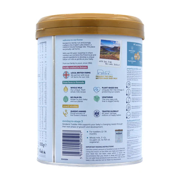 Kendamil follow-on milk powder barcode side image of canister on a white background