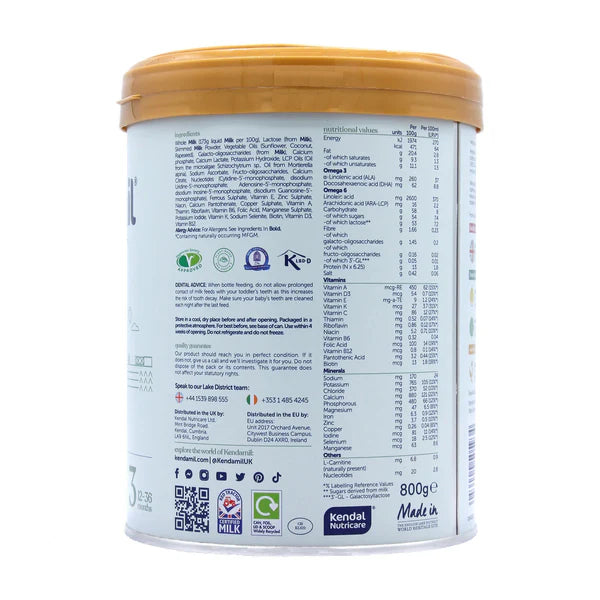 Kendamil toddler milk powder nutritional facts side image of canister on a white background