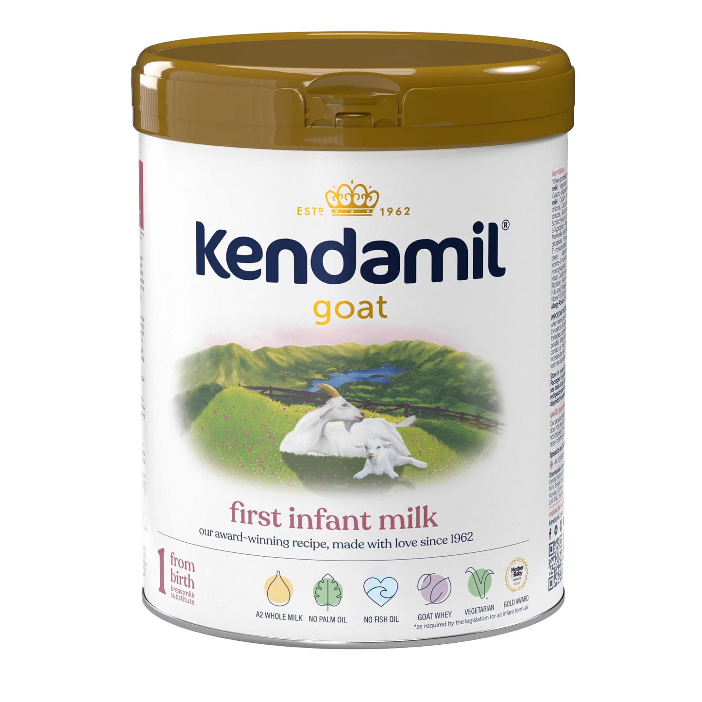 Kendamil goat milk stage 1 container on a white background