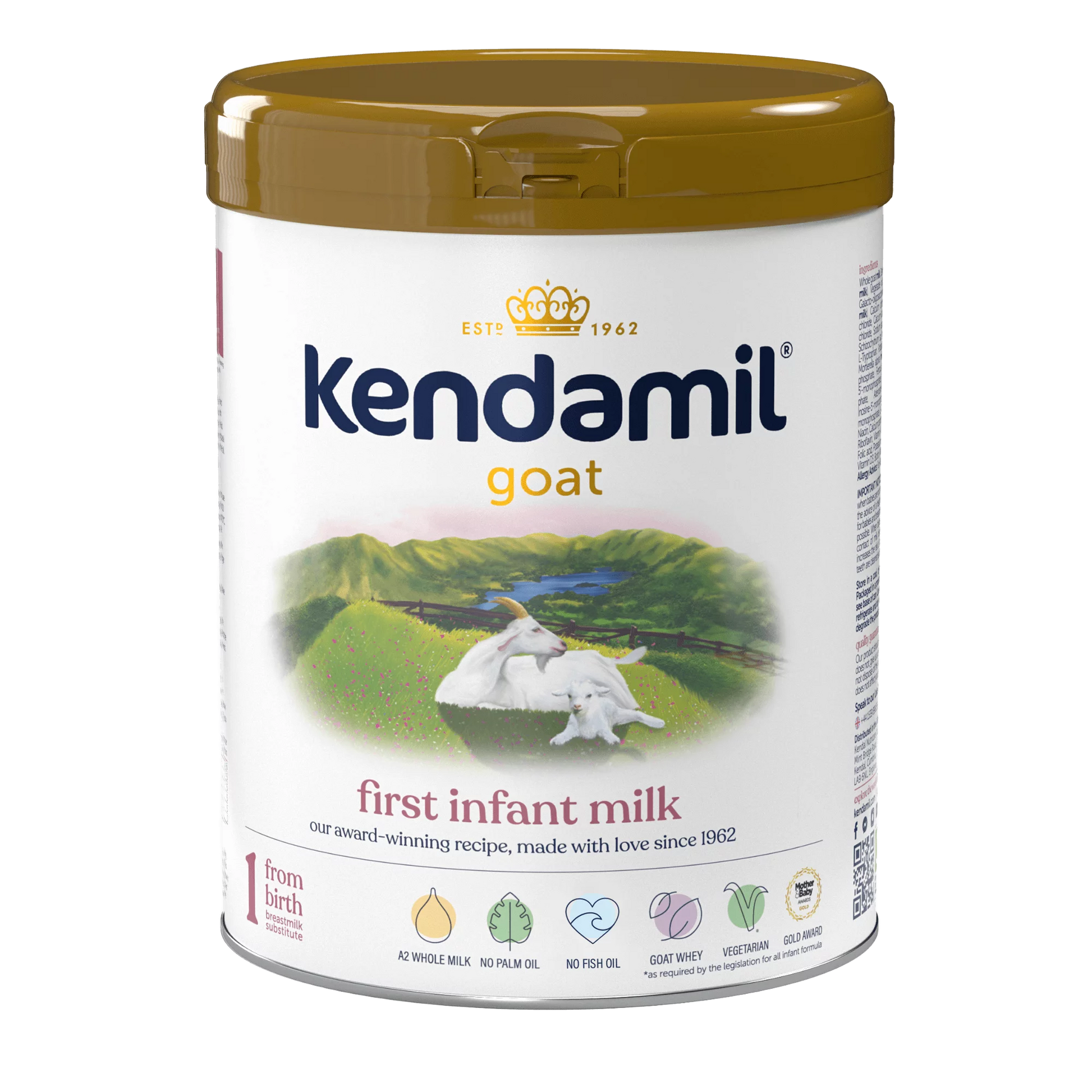 Kendamil goat milk stage 1 container on a white background