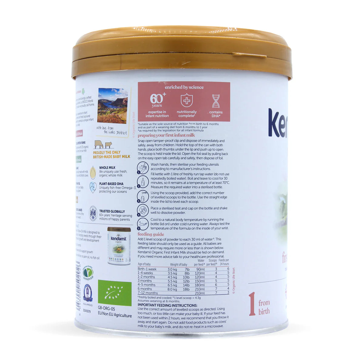 Kendamil organic first infant milk canister on a white background preparation instructions