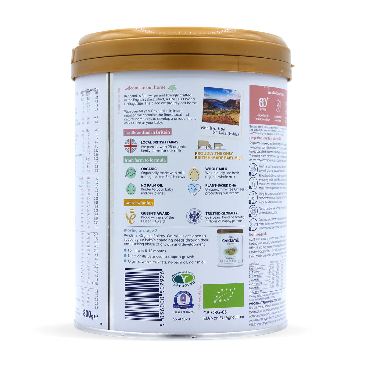 Kendamil organic first infant milk canister on a white background barcode side