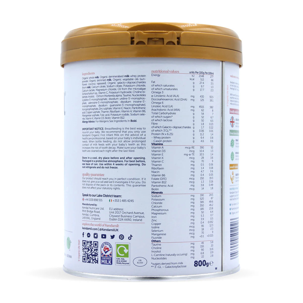 Kendamil organic first infant milk canister on a white background nutritional values