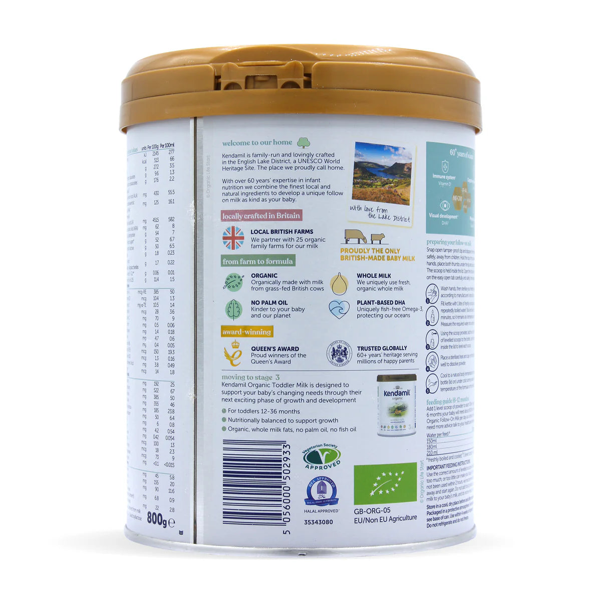 Kendamil organic follow-on milk canister on a white background barcode side