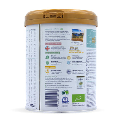 Kendamil organic follow-on milk canister on a white background barcode side