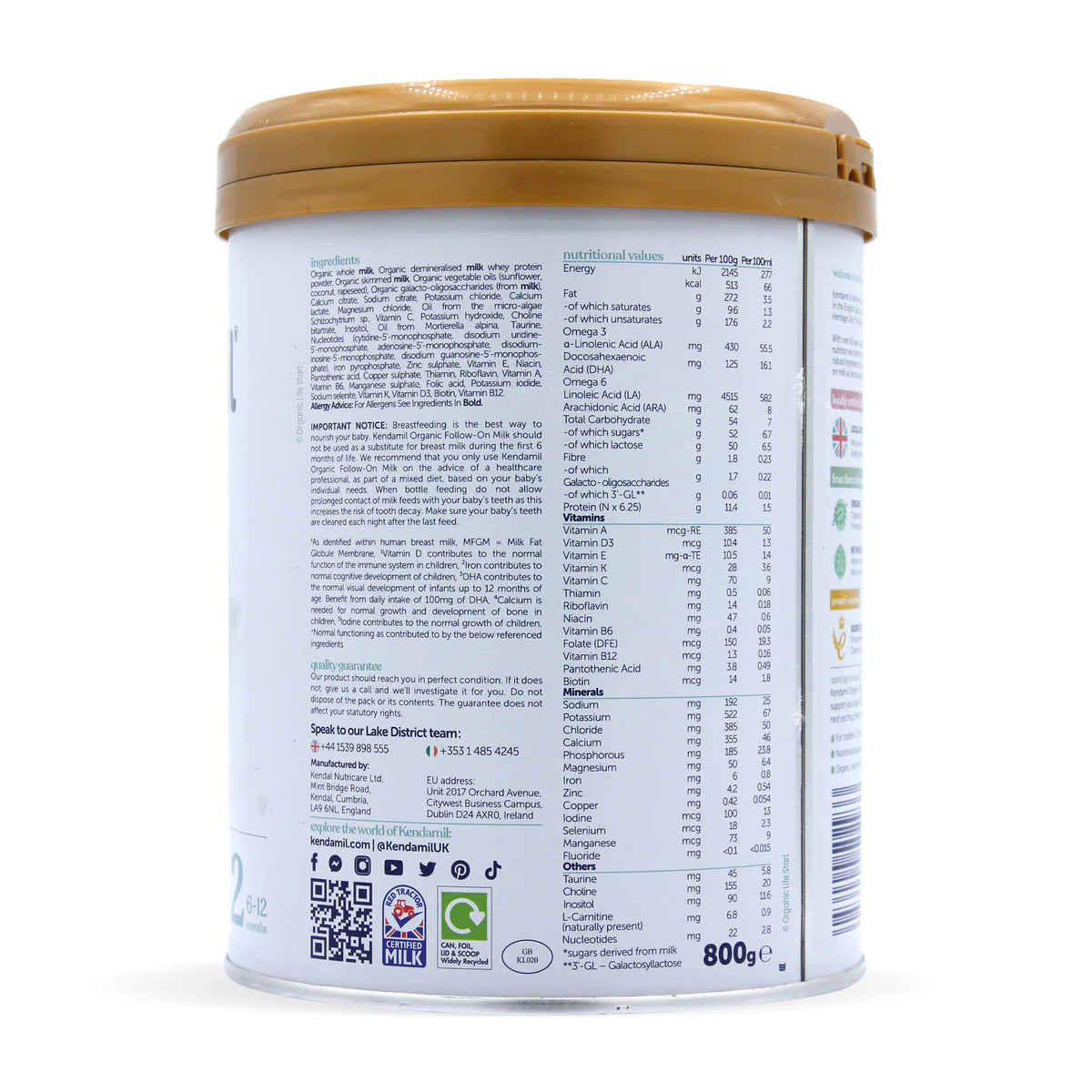 Kendamil organic follow-on milk canister on a white background nutritional facts side