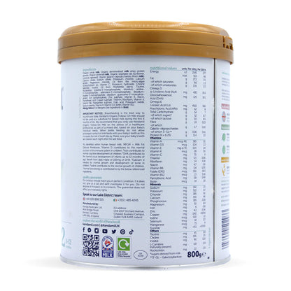 Kendamil organic follow-on milk canister on a white background nutritional facts side