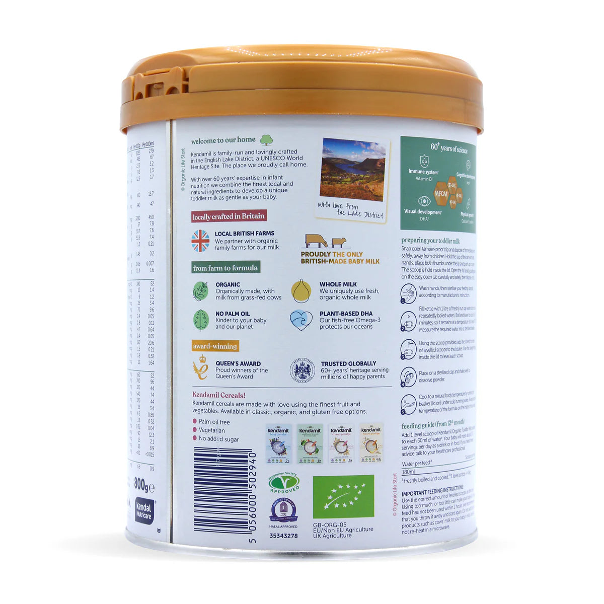 Kendamil organic toddler milk canister on a white background barcode side