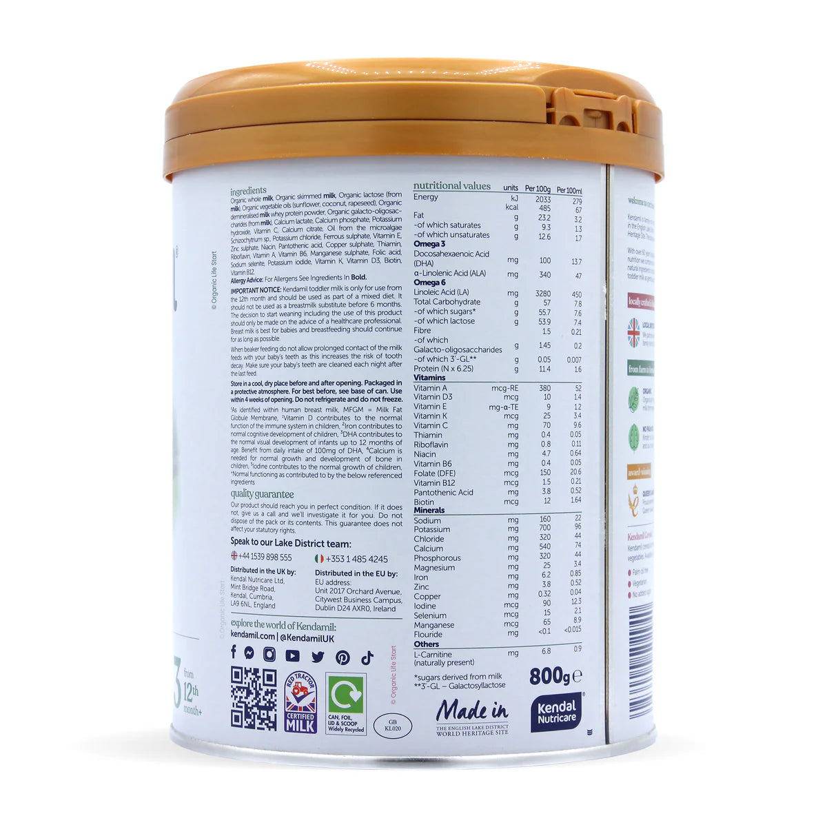 Kendamil organic toddler milk canister on a white background nutritional facts