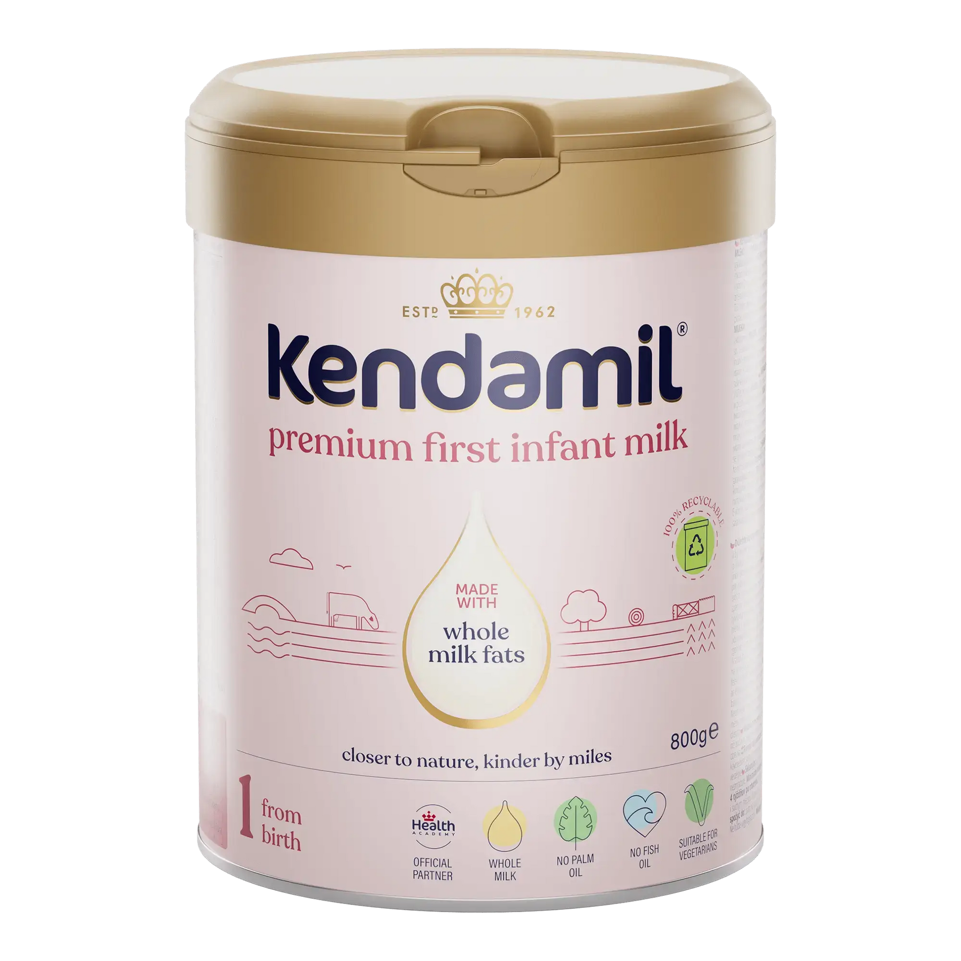 Kendamil premium first infant milk powder container on a white background