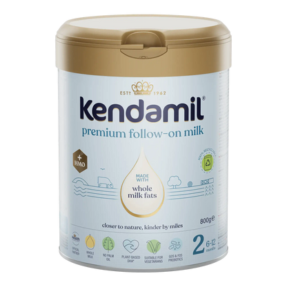 Kendamil premium follow-on milk container on a white background