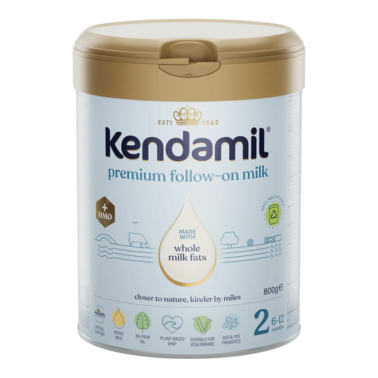 Kendamil premium follow-on milk container on a white background