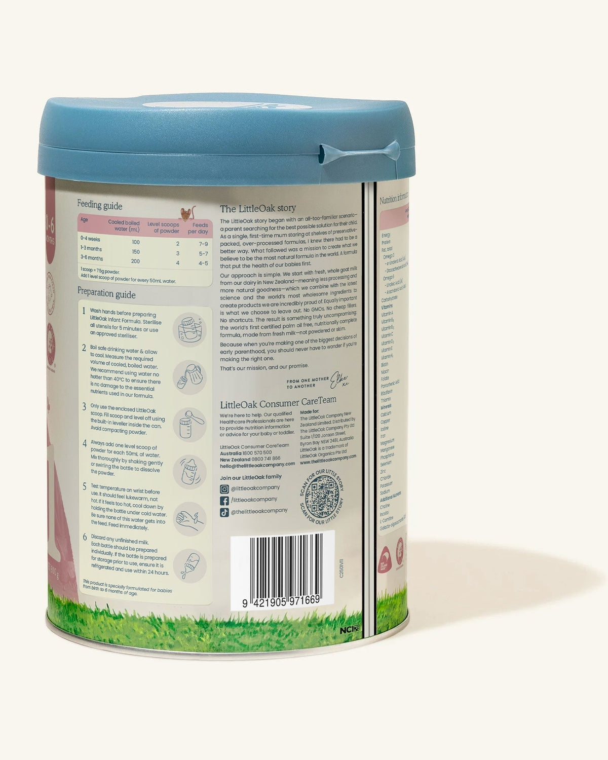 LittleOak Goat Milk Stage 1 (0-6 Months) Infant Formula (800g/28oz), back of tin with nutrition panel - Grow Organic Baby