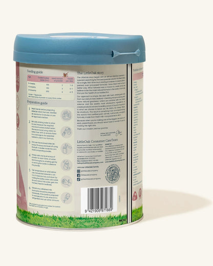 LittleOak Goat Milk Stage 1 (0-6 Months) Infant Formula (800g/28oz), back of tin with nutrition panel - Grow Organic Baby