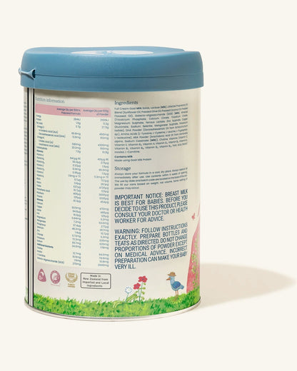 LittleOak Goat Milk Stage 1 (0-6 Months) Infant Formula (800g/28oz), side of tin - Grow Organic Baby