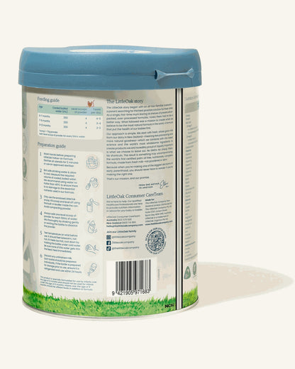 LittleOak Goat Milk Stage 2 (6-12 Months) Follow-on Formula (800g/28oz), back of tin with nutrition panel - Grow Organic Baby