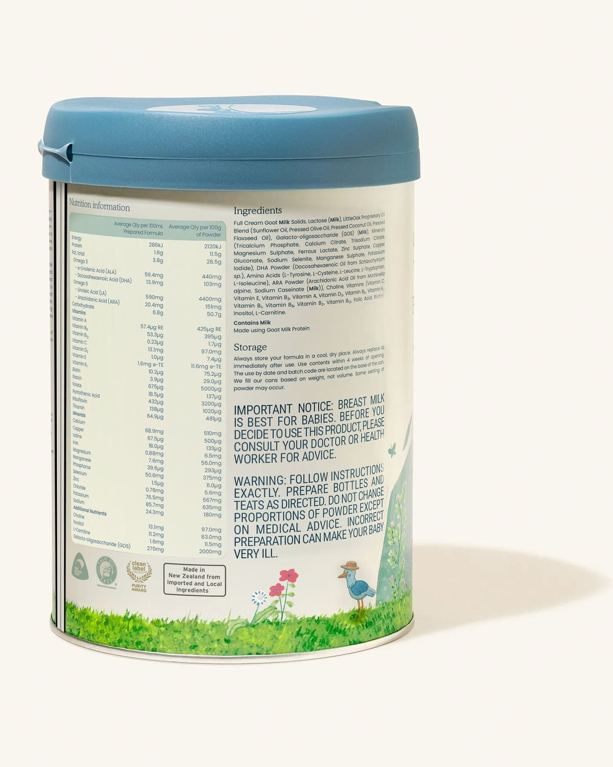 LittleOak Goat Milk Stage 2 (6-12 Months) Follow-on Formula (800g/28oz), side of tin - Grow Organic Baby