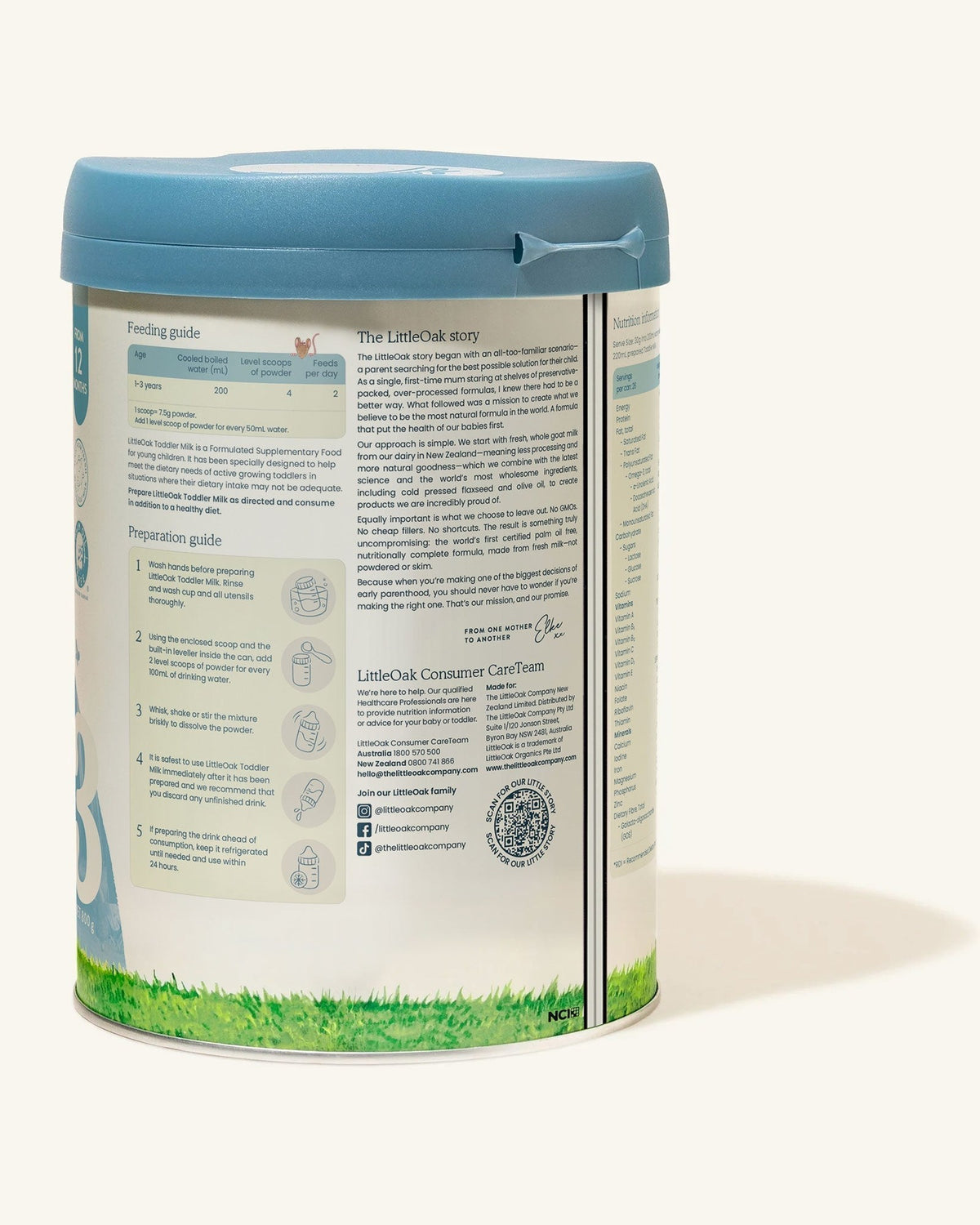 LittleOak Goat Milk Stage 3 (12 Months+) Toddler Milk (800g/28oz), back of tin with nutrition panel - Grow Organic Baby
