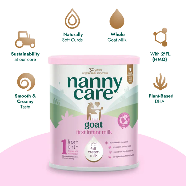 Nanny Care goat milk stage 1 powder container with features listed on a white background