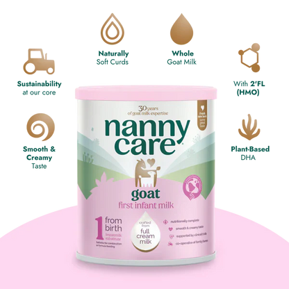 Nanny Care goat milk stage 1 powder container with features listed on a white background