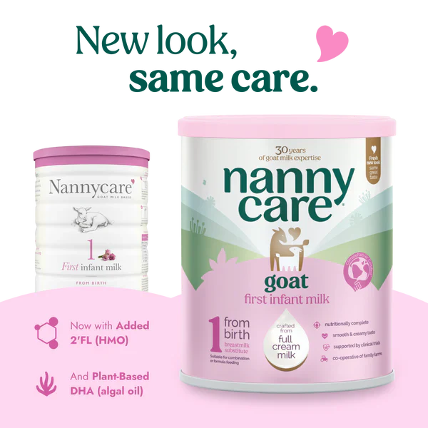 Two tins of Nanny Care goat milk stage 1 formula on a pink background with text 'New look, same care.'