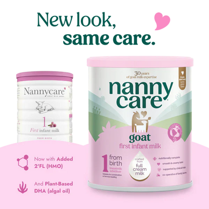Two tins of Nanny Care goat milk stage 1 formula on a pink background with text 'New look, same care.'