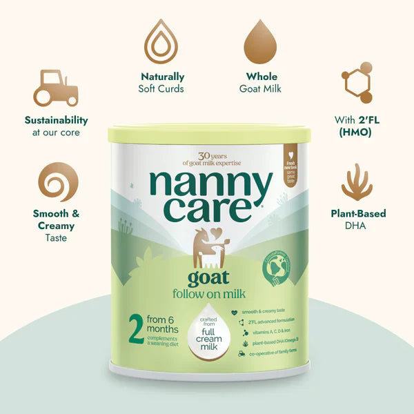 Nanny Care goat follow on milk stage 2 container with features listed on a white background