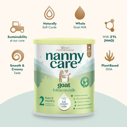 Nanny Care goat follow on milk stage 2 container with features listed on a white background