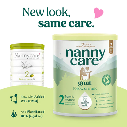 Nanny Care goat milk formula stage 2 containers with text 'New look, same care.'