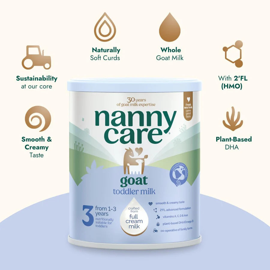Nanny Care goat toddler milk can stage 3 with features listed on a white background