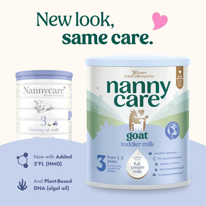 Two tins of Nannycare goat toddler milk stage 3 with text 'New look, same care' on a white background.