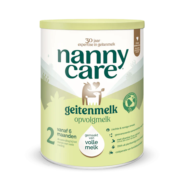 Nanny Care goat milk formula stage 2 container on a white background