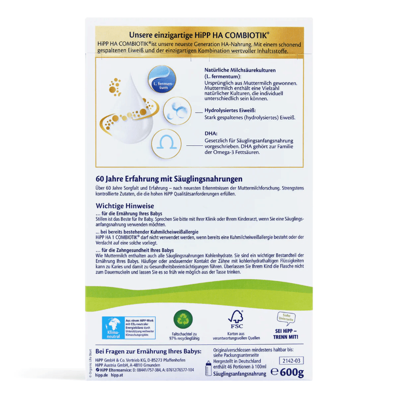 HiPP Hypoallergenic (HA) Stage 1 (0-6 Months) Combiotic Infant Milk Formula (600g/21 Oz) - Grow Organic Baby