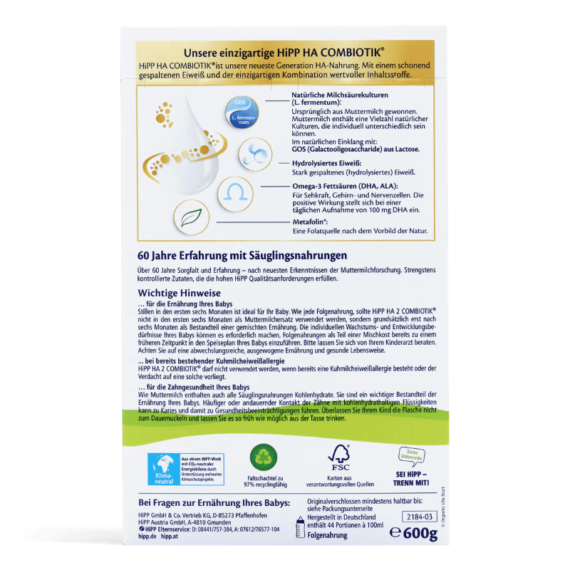 HiPP Hypoallergenic (HA) Stage 2 (6 Months +) Combiotic Infant Milk Formula (600g/21 Oz) - Grow Organic Baby