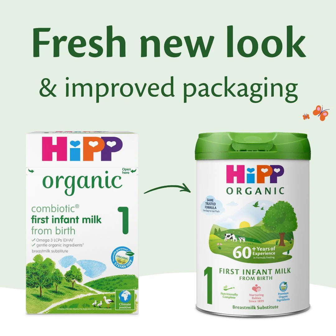 Hipp UK organic baby milk packaging with text 'Fresh new look & improved packaging' on a light green background